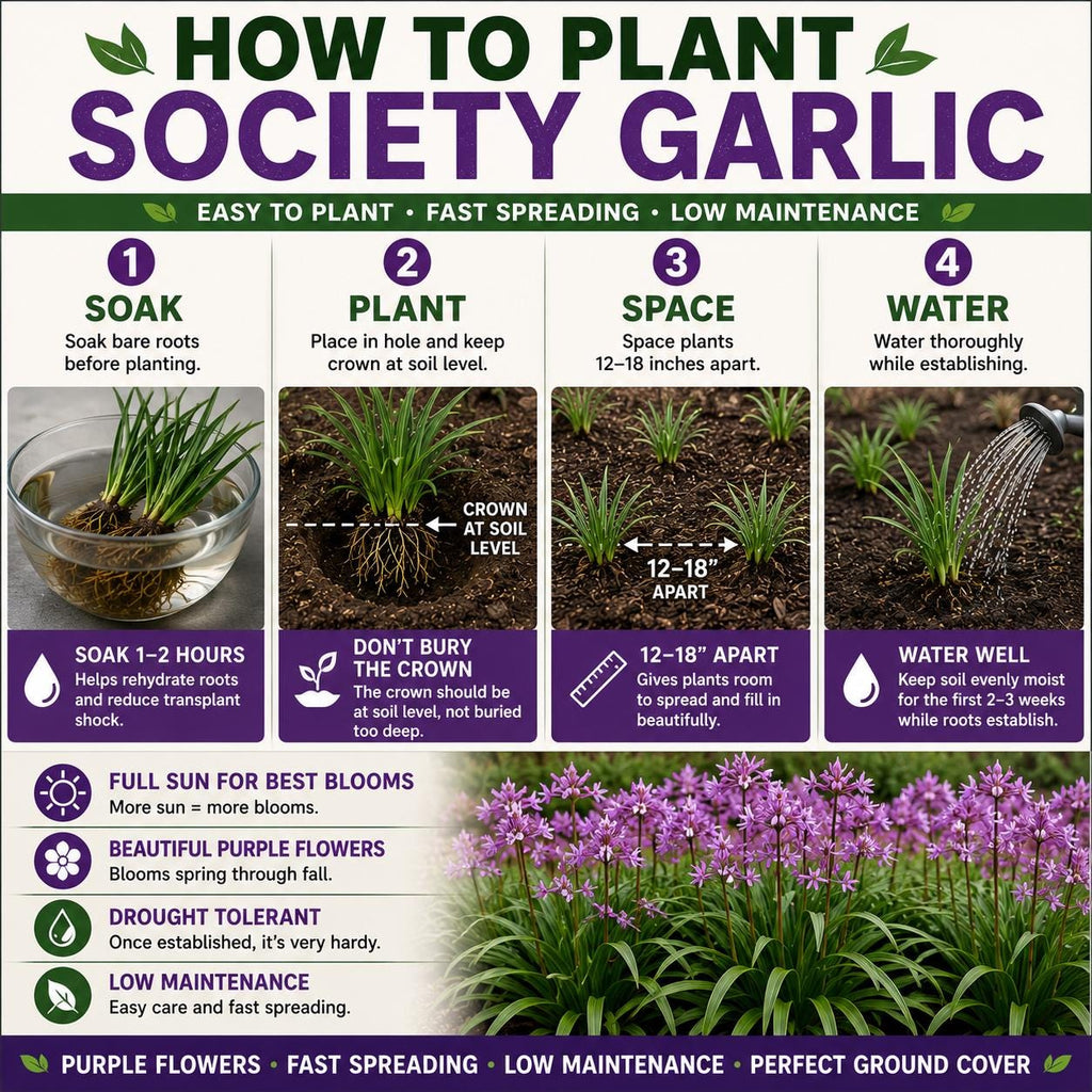 25 Society Garlic Bare Root Plants – Fast Spreading Purple Blooms, Drought Tolerant Ground Cover