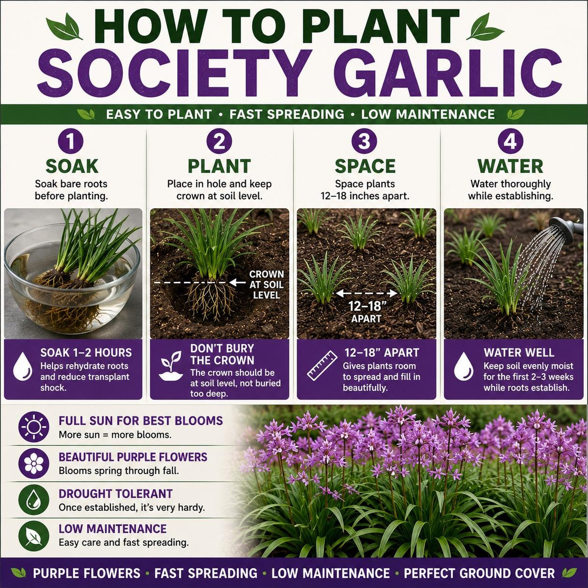 25 Society Garlic Bare Root Plants – Fast Spreading Purple Blooms, Drought Tolerant Ground Cover